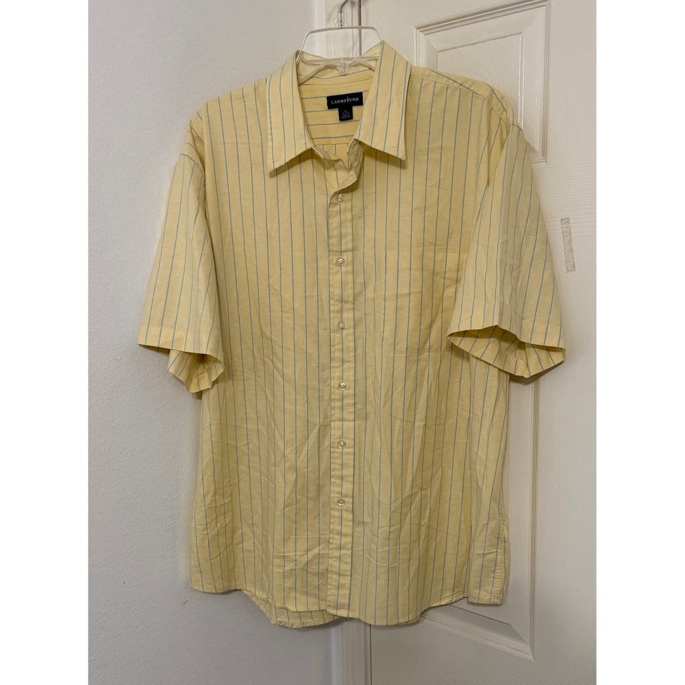 Lands End Mens XL Short Sleeve Button Down Shirt Yellow Blue Striped Cotton Prep